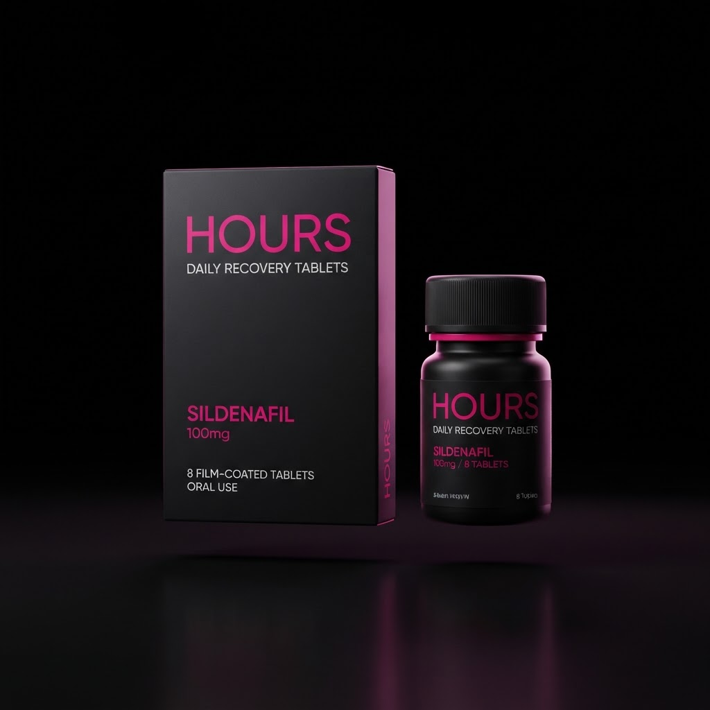 Hours ED treatment — matte black packaging with a pill bottle